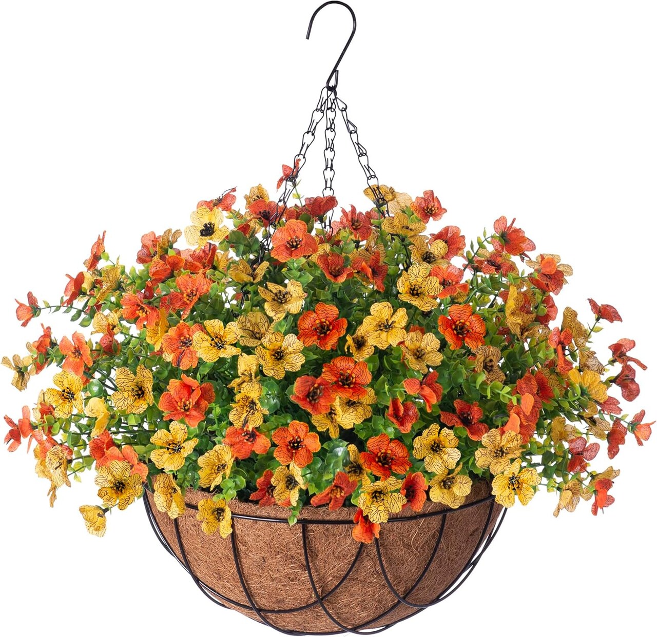 Artificial Fall Mums Hanging Basket for Outdoors - UV Resistant Faux Daisy Flowers with Eucalyptus Leaves - 17" Realistic Autumn Mums in Hanging Planter for Porch, Patio, and Balcony Decor